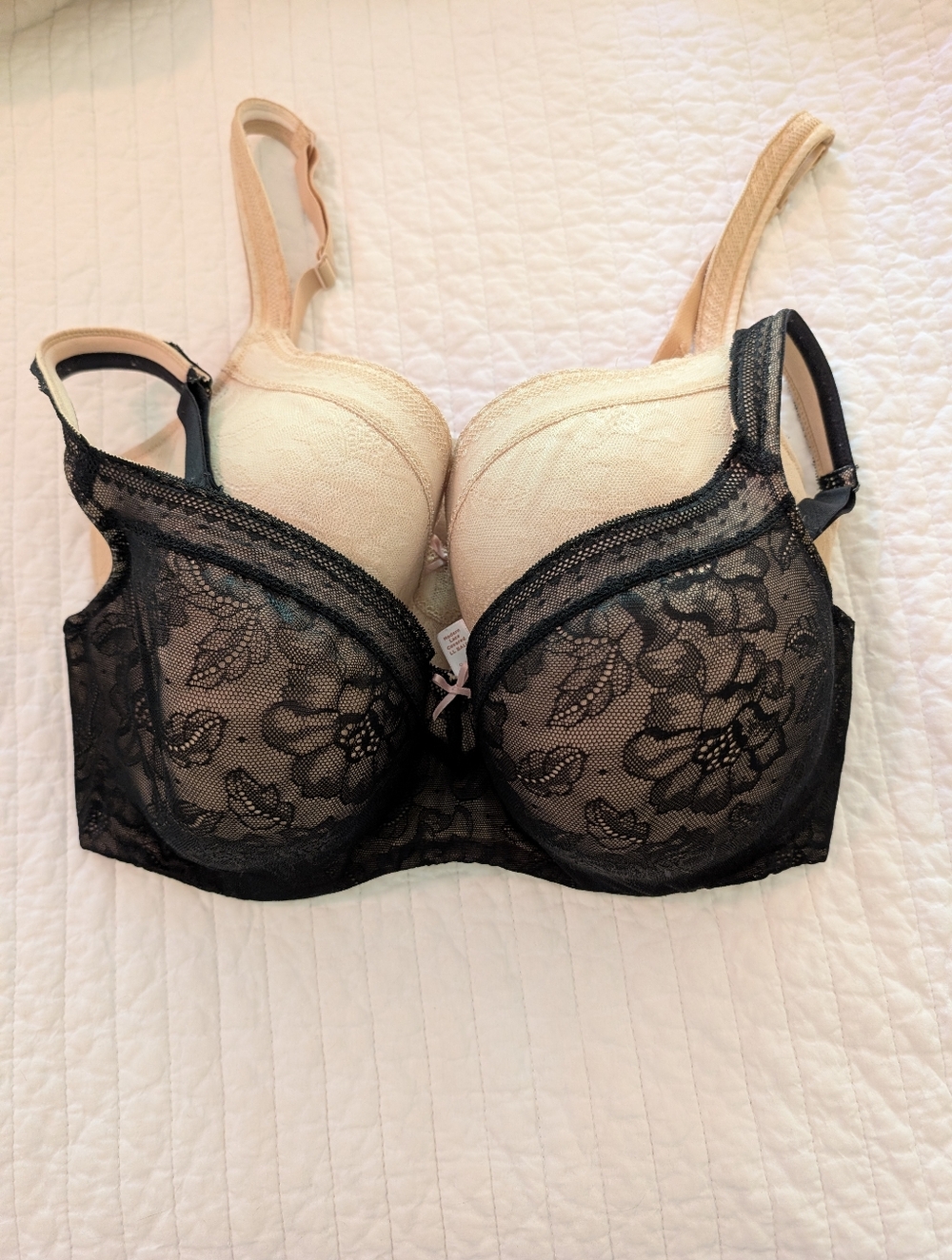Convertible Lace Overlay Bra in Black and Nude